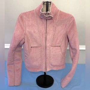 Pink Faux Suede Sherpa Jacket Y2K Cropped Moto Bebe Small